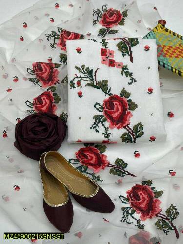 3pcs women unstiched organza sout embrioded 