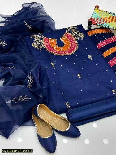 3 Pcs Women's Unstitched Fancy Organiza Embroider Suit 