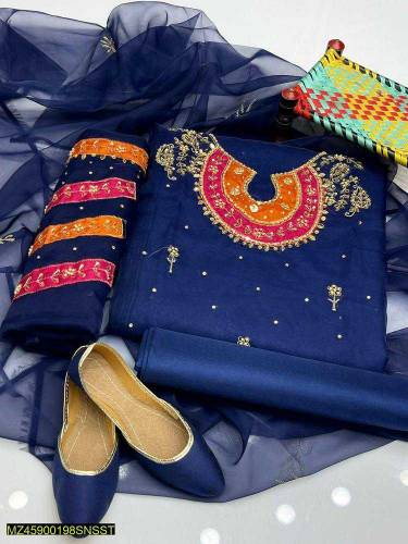 3 Pcs Women's Unstitched Fancy Organiza Embroider Suit 