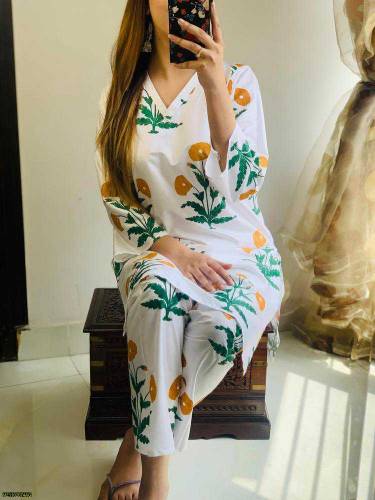 2 pcs women stitched linen printed shirt and trouser