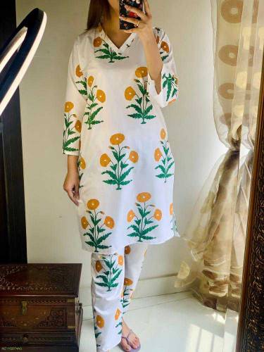 2 pcs women stitched linen printed shirt and trouser