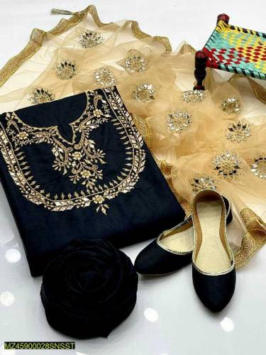 3 pc women unstitched Katan silk Embroidered suit