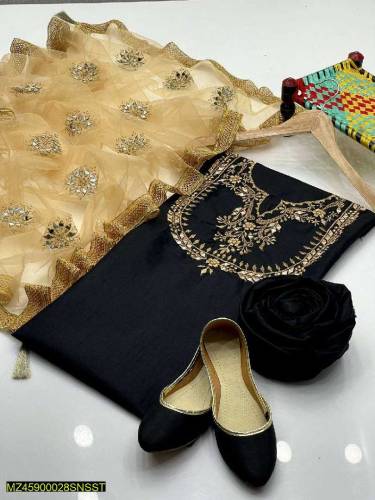 3 pc women unstitched Katan silk Embroidered suit