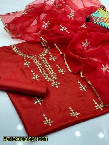 3 Pcs woman unstitched katan Silk Embroidered Suit 