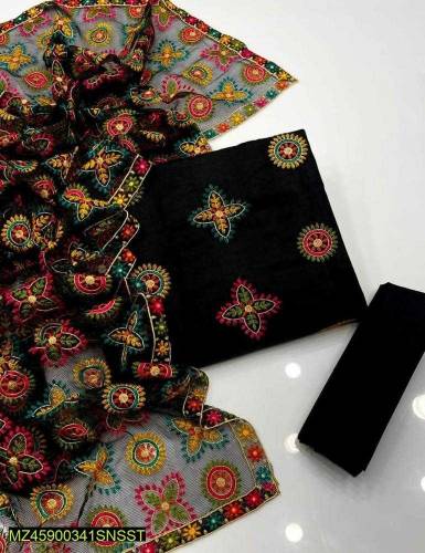 3 Pcs Women's Unstitched Net Printed Suit