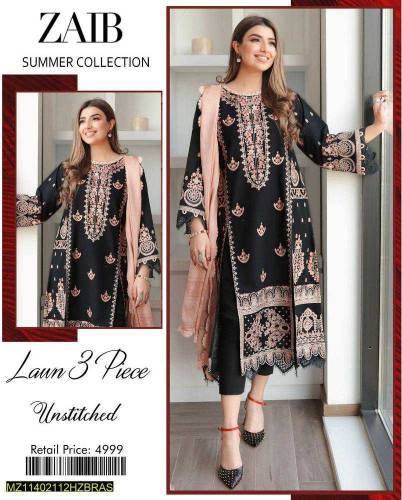 3 Pcs Women's Unstitched lawn Embroidered suit