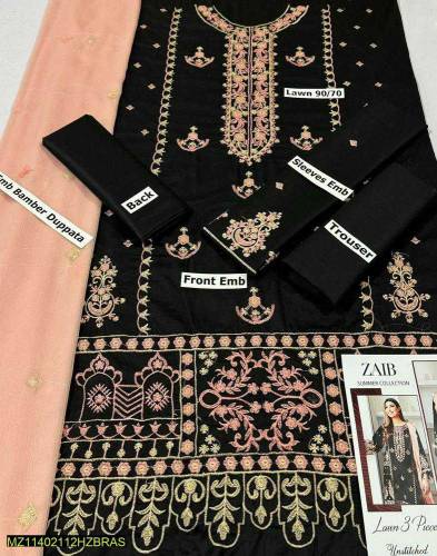 3 Pcs Women's Unstitched lawn Embroidered suit