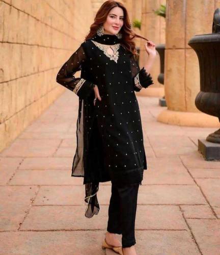 3 pcs stitched woman's chiffon embroided suit 