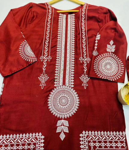 2 PCs Women Stitched Linen Block Printed Suit