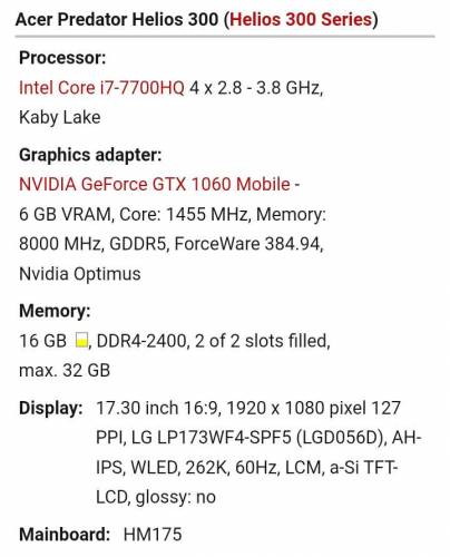 Acer Predator Helios 300 GTX 1060 6gb i7 7700hq