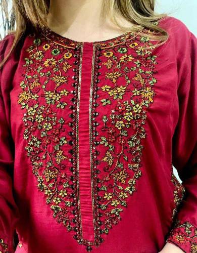 woman stitched linen embroided suit 2pcs