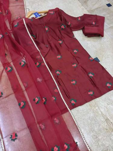 fabric silk 3 piece emboridred stitched suite