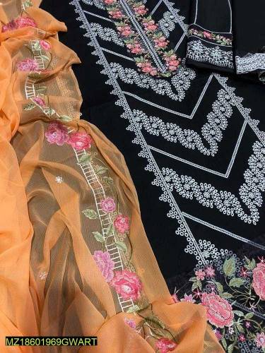 3 PCs women's unstitched lawn embroidered suit 