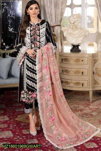 3 PCs women's unstitched lawn embroidered suit 