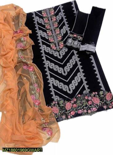 3 PCs women's unstitched lawn embroidered suit 