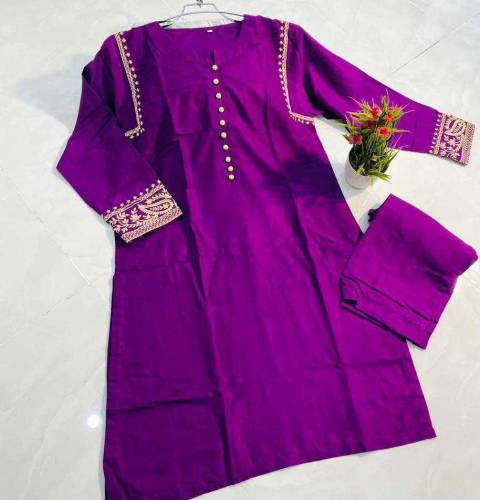 women's stitched linen embroided suit 2pcs 
