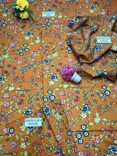 3 PCs women's unstitched lawn printed suit 
