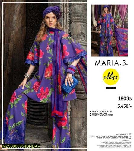 3 PCs women unstitched lawn printed suit 