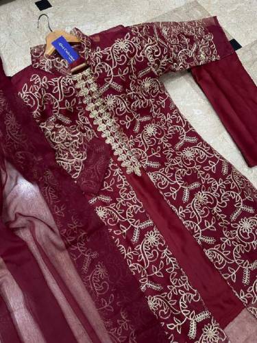 fabric silk organza duppata chiffon 4 pieces emboridred stitched suite