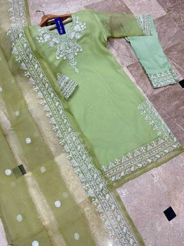 fabric organza with chiffon duppata 3 piece emboridred stitched suite