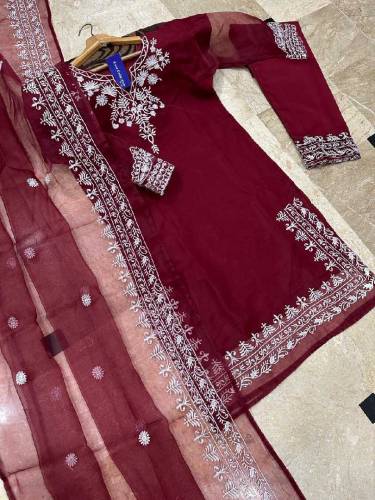 fabric organza with chiffon duppata 3 piece emboridred stitched suite
