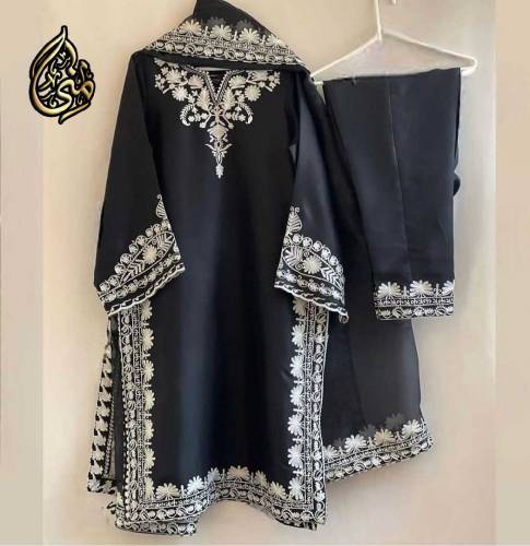 fabric organza with chiffon duppata 3 piece emboridred stitched suite