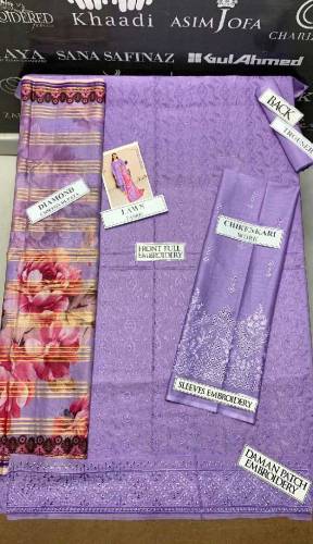 fabric lawn chickenkari work emboridred 3 piece unstitched suite