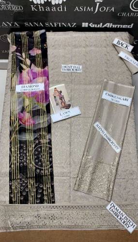 fabric lawn chickenkari work emboridred 3 piece unstitched suite