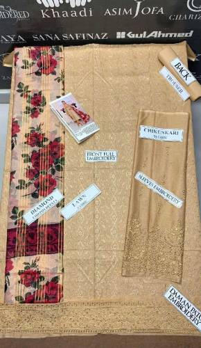 fabric lawn chickenkari work emboridred 3 piece unstitched suite