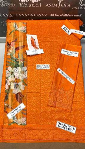 fabric lawn chickenkari work emboridred 3 piece unstitched suite