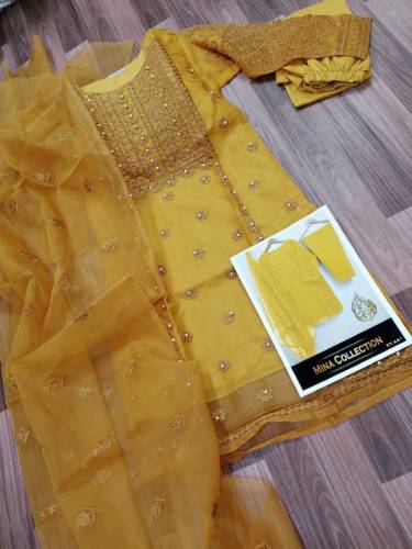 fabric organza 3 piece emboridred stitched suite