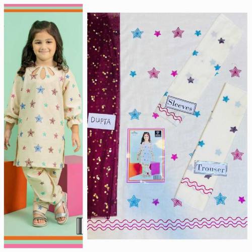fabric lawn 3 piece emboridred unstitched suite for girls