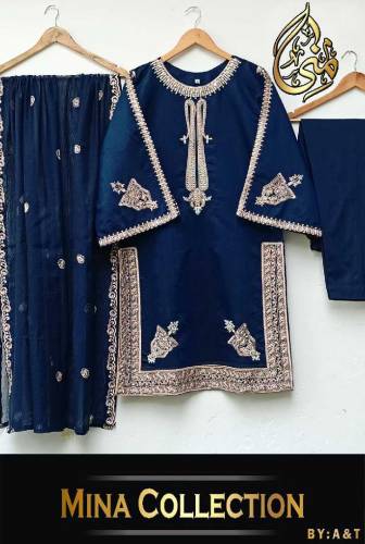 fabric silk 3 piece emboridred stitched suite