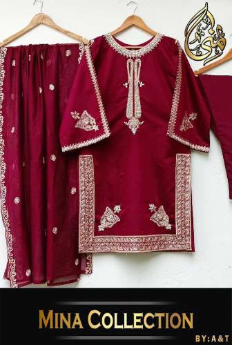 fabric silk 3 piece emboridred stitched suite