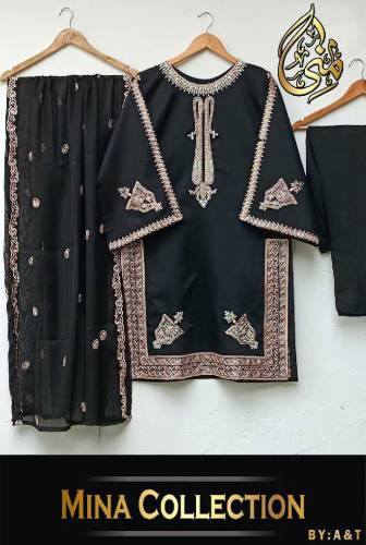 fabric silk 3 piece emboridred stitched suite