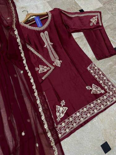 fabric silk 3 piece emboridred stitched suite