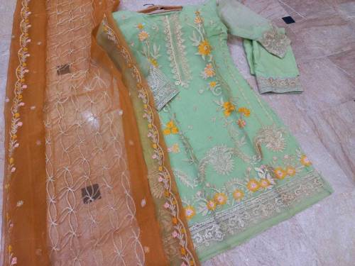 fabric organza 3 piece emboridred stitched suite