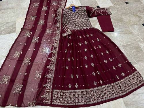 fabric chiffon 3 piece emboridred stitched maxi