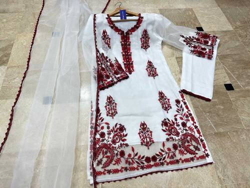 fabric net organza 3 piece emboridred stitched suite