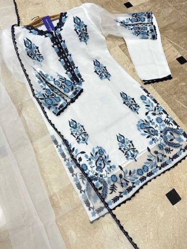 fabric net organza 3 piece emboridred stitched suite