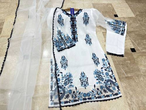 fabric net organza 3 piece emboridred stitched suite