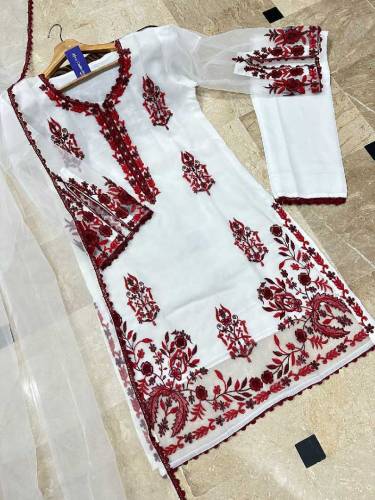 fabric net organza 3 piece emboridred stitched suite