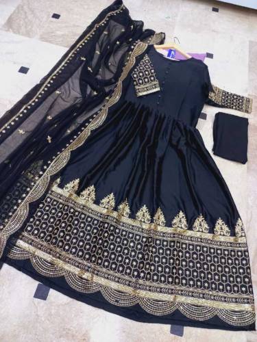 Fabric chiffon 3 piece emboridred stitched maxi