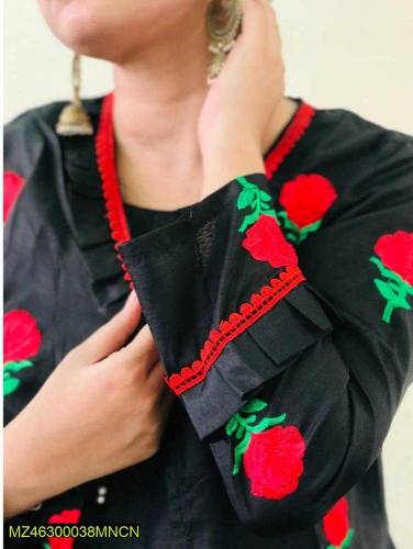 3 Pcs women's stitched katan silk embroidered gown suit -- black 