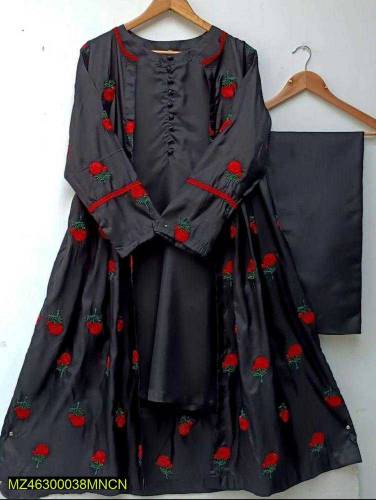 3 Pcs women's stitched katan silk embroidered gown suit -- black 