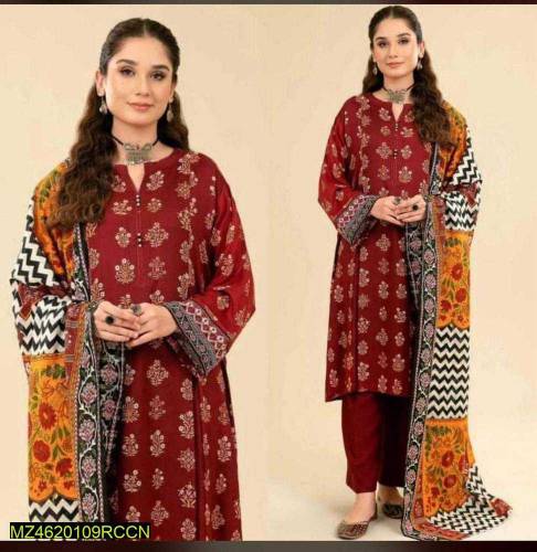 3 Pc Women's Unstitched Lawn Embroidery suit