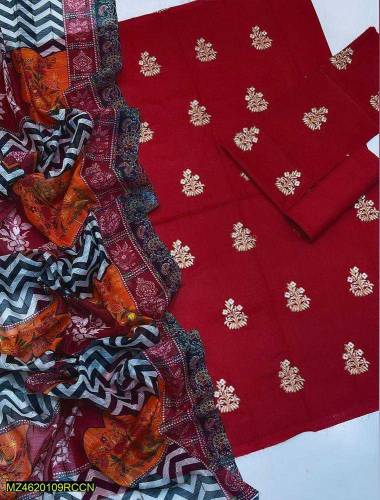 3 Pc Women's Unstitched Lawn Embroidery suit