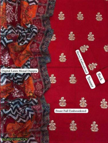 3 Pc Women's Unstitched Lawn Embroidery suit