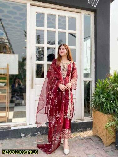 3pcs stitched embroidered organza suit... shipping freee 