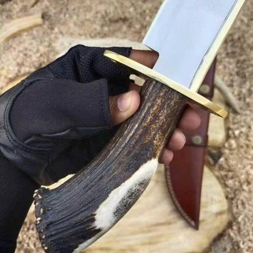 Bowie Steel knife Handle Deer Horn Gid Brass With leather Caver
